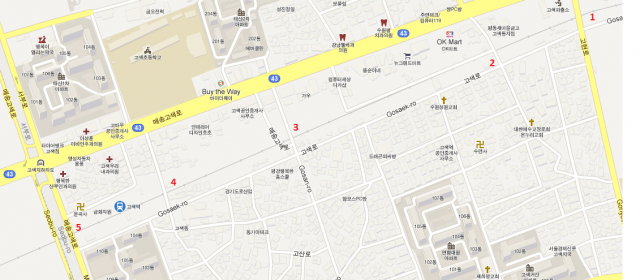Map showing the next stretch on the line. This is the line next to the Gosaek Road (고색로), crossing several other roads.